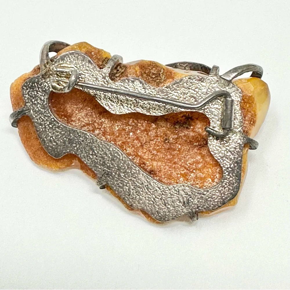Baltic Amber Sterling Silver Handmade Brutalist Brooch Pin